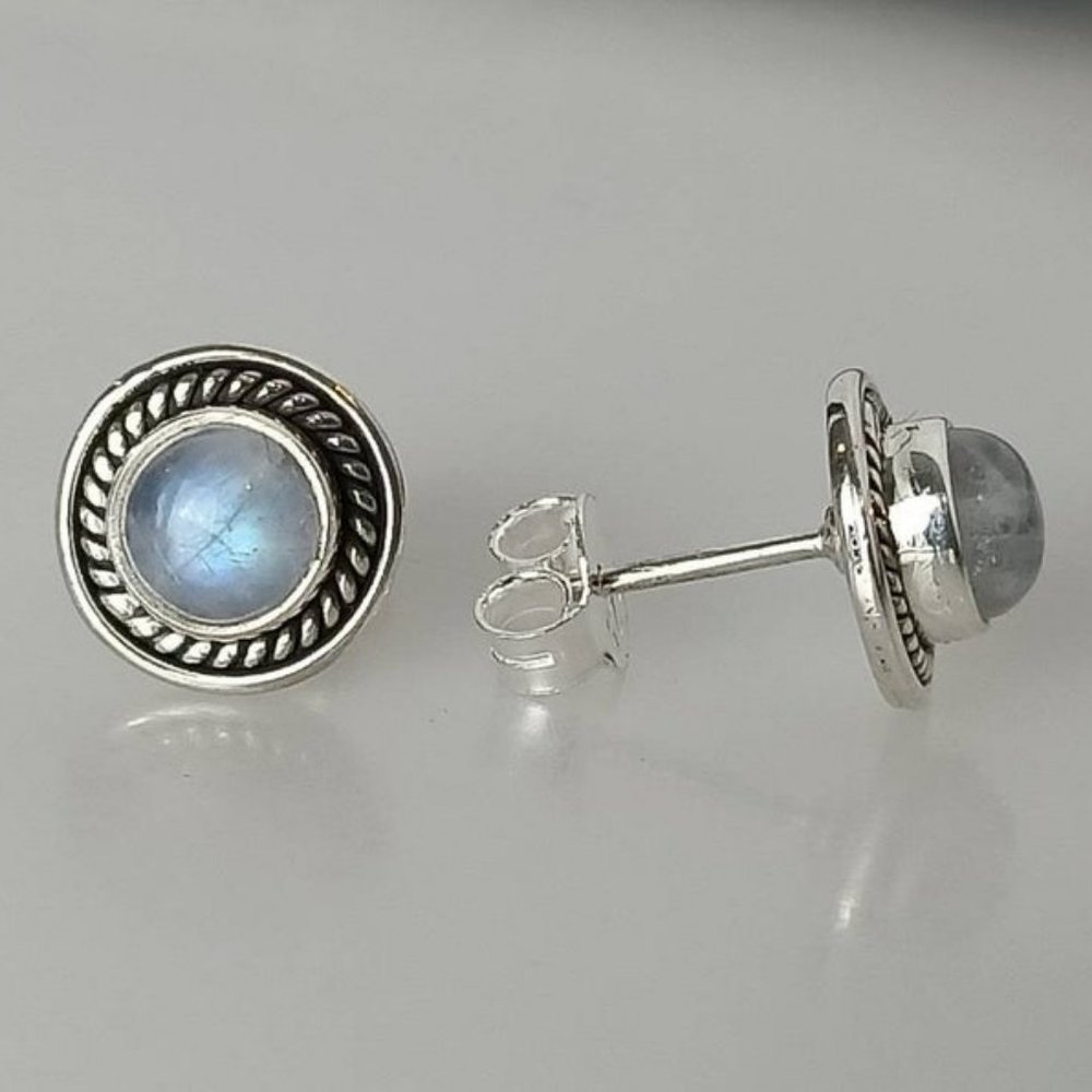 Genuine MOONSTONE Gems SOLID 925 Oxidized SILVER Big Bohemian Stud Earrings - Picture 3 of 7